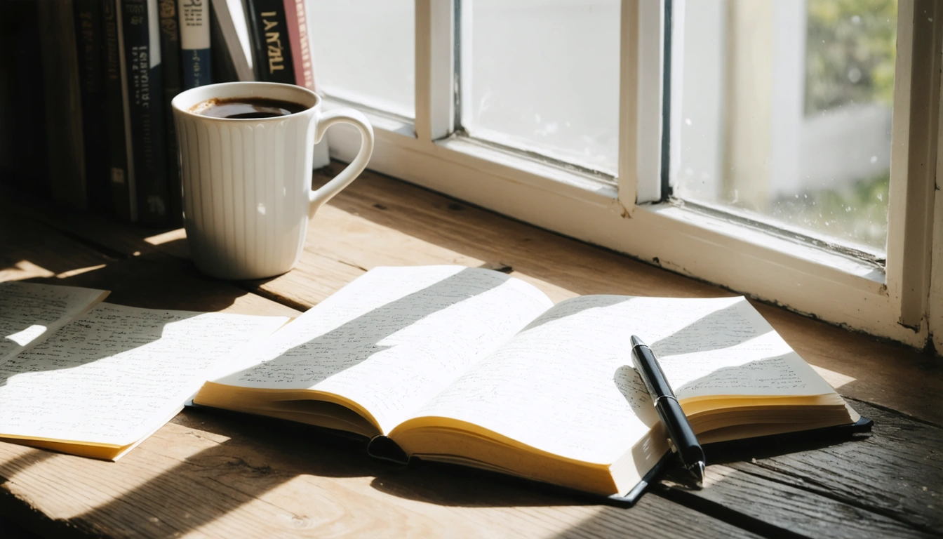 A desk with open textbooks, a notebook, and a cup of coffee — a study scene