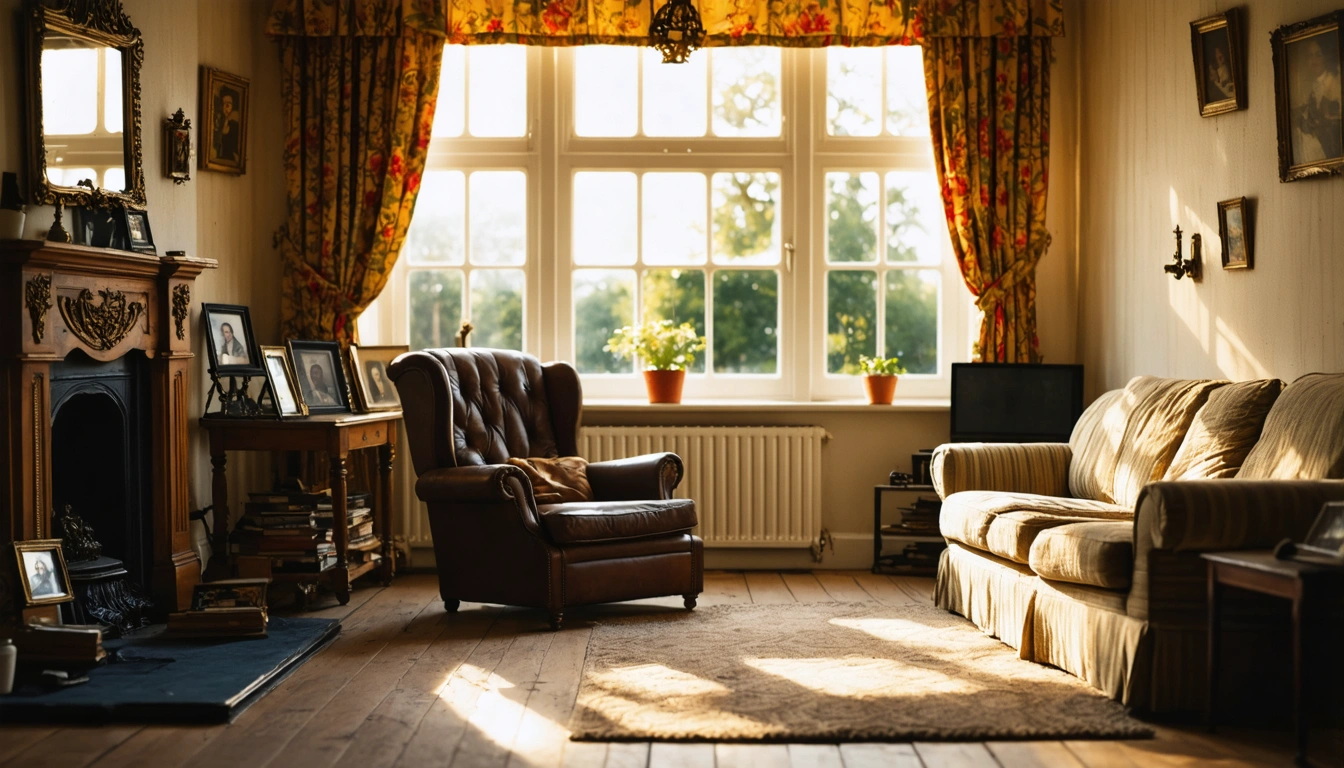 A warm British living room with furniture suggesting multiple generations sharing a space