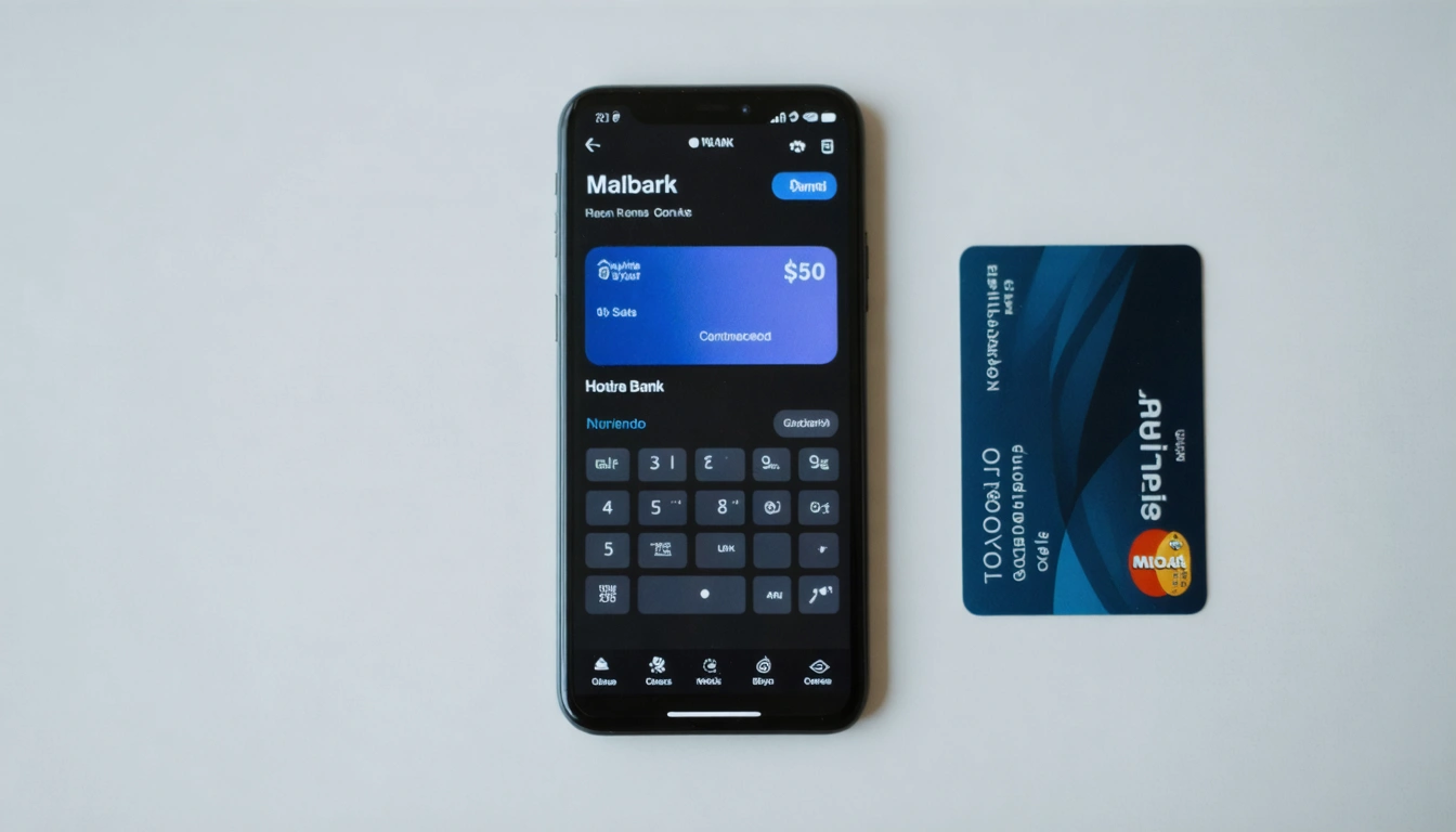 A smartphone displaying a banking app on a neutral desk with a physical card nearby