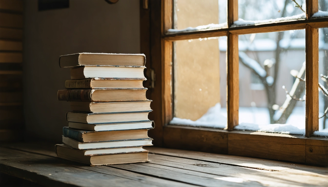 A stack of paperback novels on a wooden table beside a window